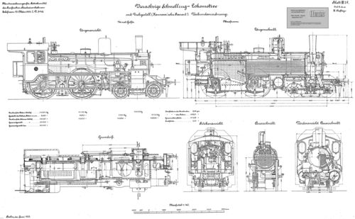 K.P.E.V. Nassdampf-Schnellzuglokomotive  S 3 - Ansichten Musterblatt III 2 b
