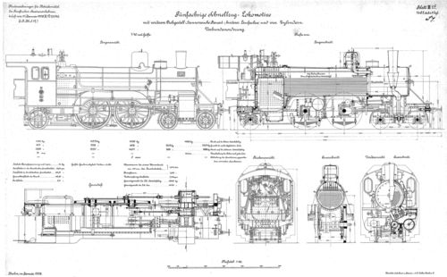 K.P.E.V. Schnellzuglokomotive Gattung  S 7 - Ansichten Musterzeichnung Blatt III 2 f